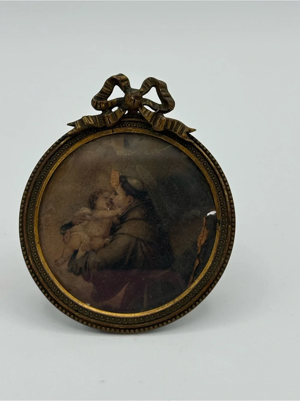 Vintage Petite Round Brass Tone Picture Frame Religious Postcard Bow Easel Back